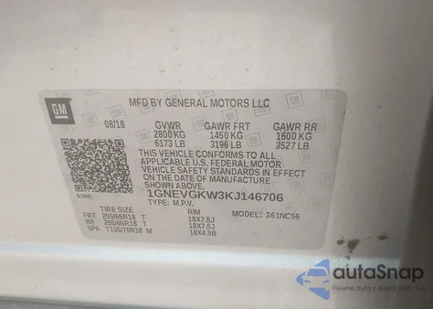 2019 Chevrolet Traverse 1Lt из США, поврежденный, VIN 1GNEVGKW3KJ146706